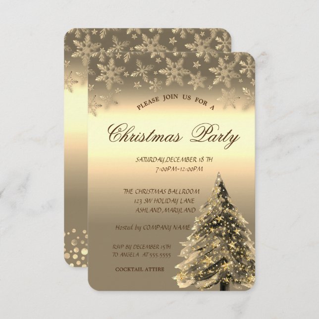 Convite Árvore Dourada de pinheiro,Dots Flocos de Neve Fes (Frente/Verso)