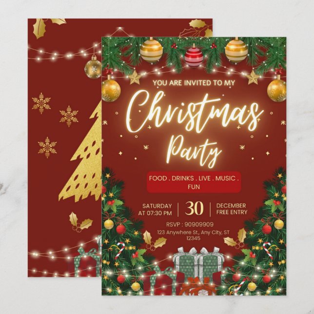 Convite Árvore Dourada Elegante | Festa de Natal  (Frente/Verso)