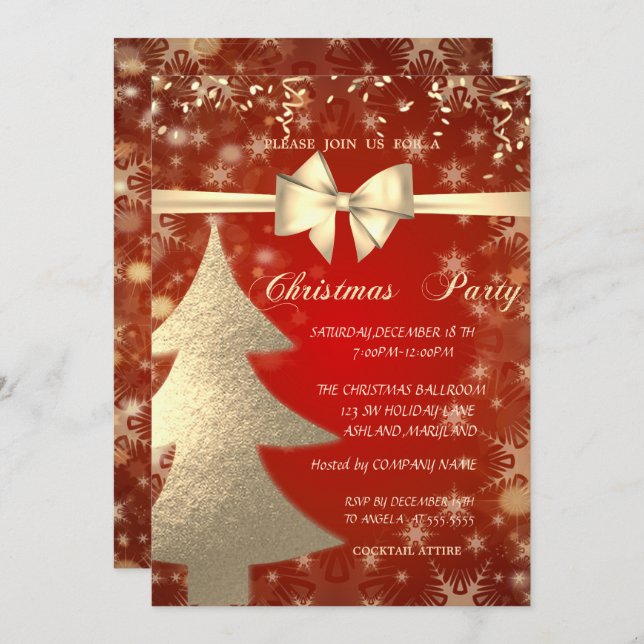 Convite Árvore Dourada Natal,Vermelho,Convite de festas Co (Frente/Verso)