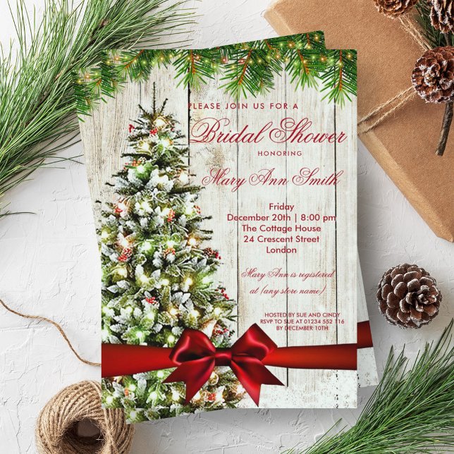 Convite Árvore e Faixa de Chás de panela de Natal Russas (Rustic Christmas Bridal Shower Tree & Ribbon Invitation)