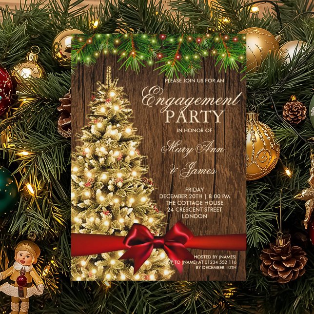 Convite Árvore e Faixa de Festas de noivado de Natal Russa (Rustic Christmas Engagement Party Tree & Ribbon Invitation)
