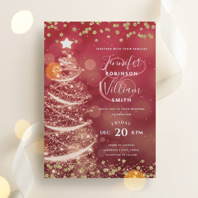 Convite Árvore Espetacular de Casamento Elegante Dourado e (Festive Gold & Red Elegant Wedding Sparkle Tree Invitation)