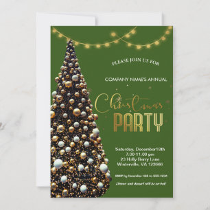 Convite Árvore festiva de Natal de ouro elegante, verde