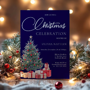Convite Árvore Festiva Família Azul Marinho Festa de Natal