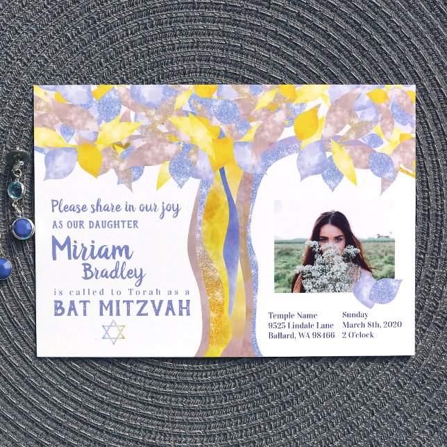 Convite Árvore Glitter Azul e Dourada de Vida Bat Mitzvah (light blue and gold twisted tree, tree of life bat mitzvah invitations)
