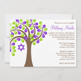Convite Árvore Moderna da Vida Bat Verde Roxo Mitzvah