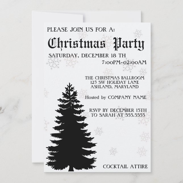 Convite Árvore Negra de Natal, Floco de Neve (Frente)