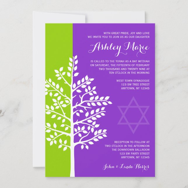 Convite Árvore Roxo Verde Bat Mitzvah (Frente)
