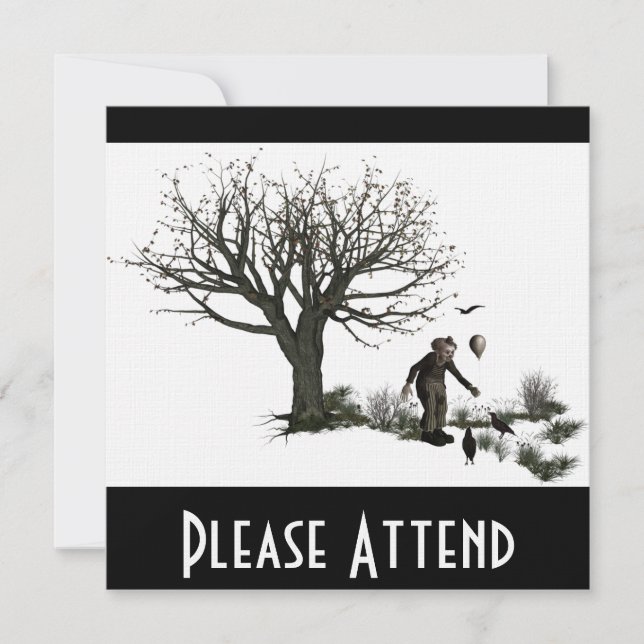 Convite Árvore velha do palhaço do balão & pássaros pretos (Frente)