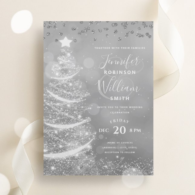 Convite Árvore Xmas de Casamento Festivo Elegante (Elegant Festive Silver Wedding Xmas Tree Invitation)