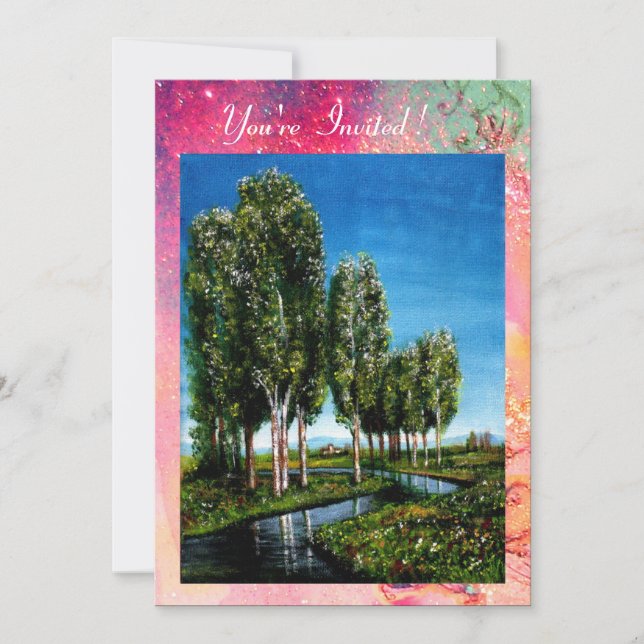 Convite ÁRVORES BIRCH NA TOSCANA,brilho verde rosa dourado (Frente)