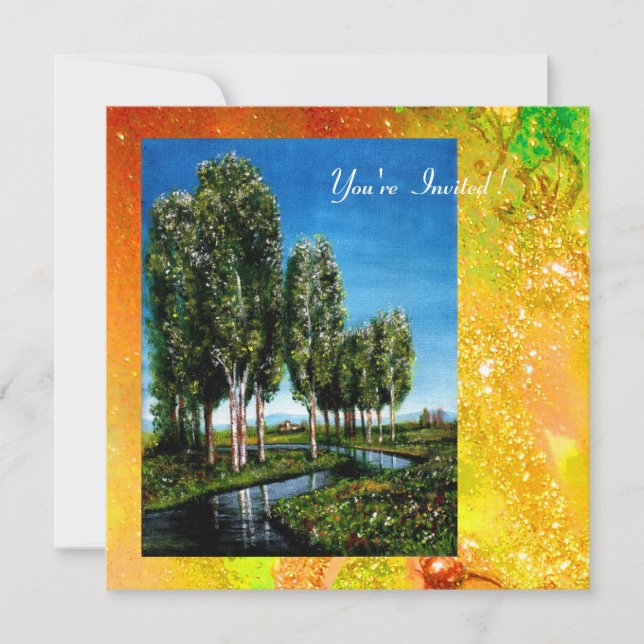 Convite ÁRVORES BIRCH NA TOSCANA,faíscas amarelo verde dou (Frente)