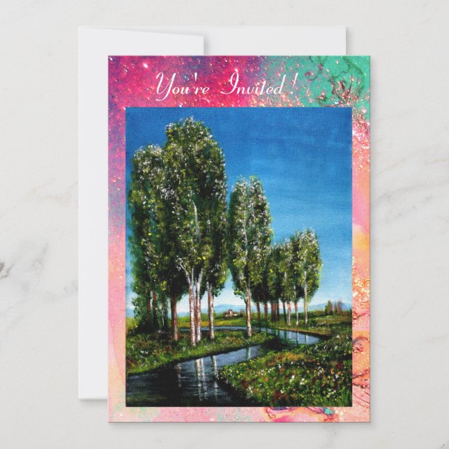 Convite ÁRVORES BIRCH NA TOSCANA,verde rosa dourado brilho (Frente)