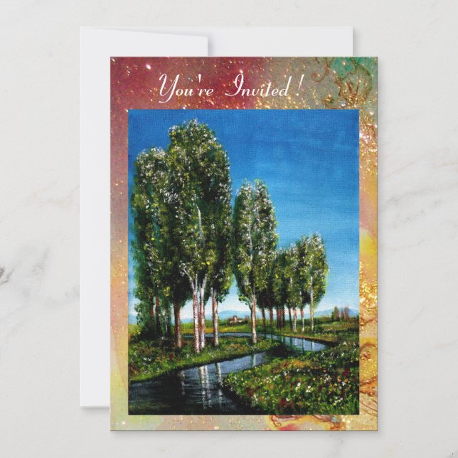 Convite ÁRVORES BIRCH NA TOSCANA, verde vermelho  dourado  (Frente)