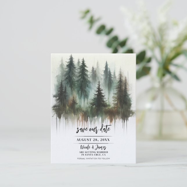 Convite Árvores de Aquarela Selvagem Rústica Salva a Data (Em pé/Frente)