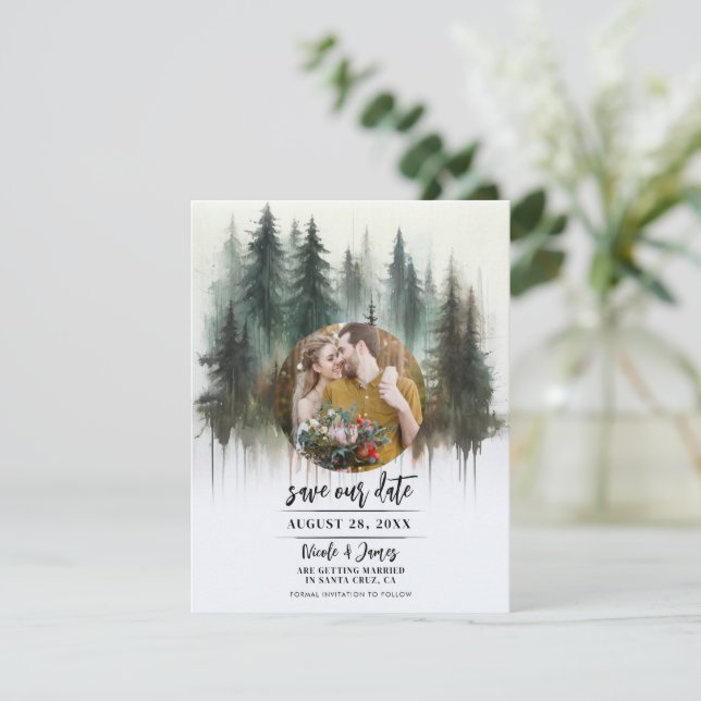 Convite Árvores de Aquarela Selvagem Rústica Salva a Data (Em pé/Frente)
