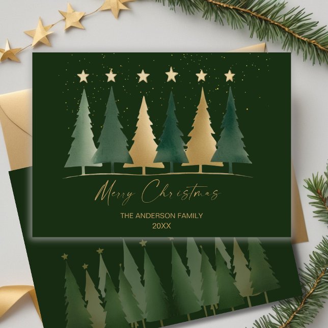 Convite Árvores de Natal Mínimas e Verde e Dourada (Green & Gold Minimalist Modern Christmas Trees Invitation)