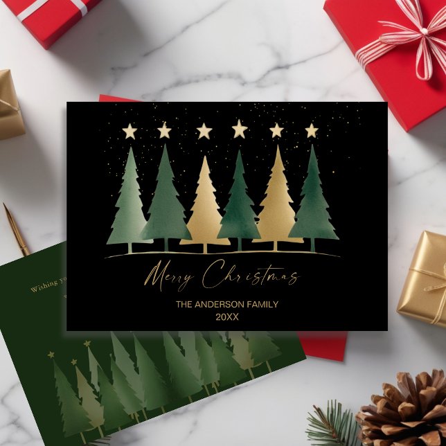 Convite Árvores de Natal Mínimas Pretas e Douradas (Black & Gold Minimalist Modern Christmas Trees Invitation)