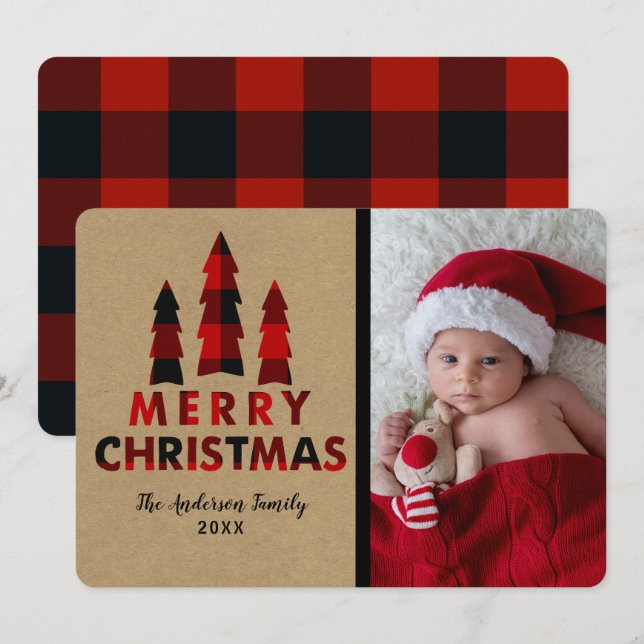 Convite Árvores de Natal Vermelhas Xadrez Kraft Feriado (Frente/Verso)