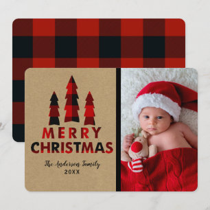 Convite Árvores de Natal Vermelhas Xadrez Kraft Feriado