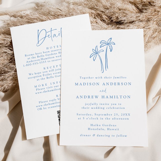 Convite Árvores de Palma Azuis Modernas Código QR Tudo em  (Criador carregado)