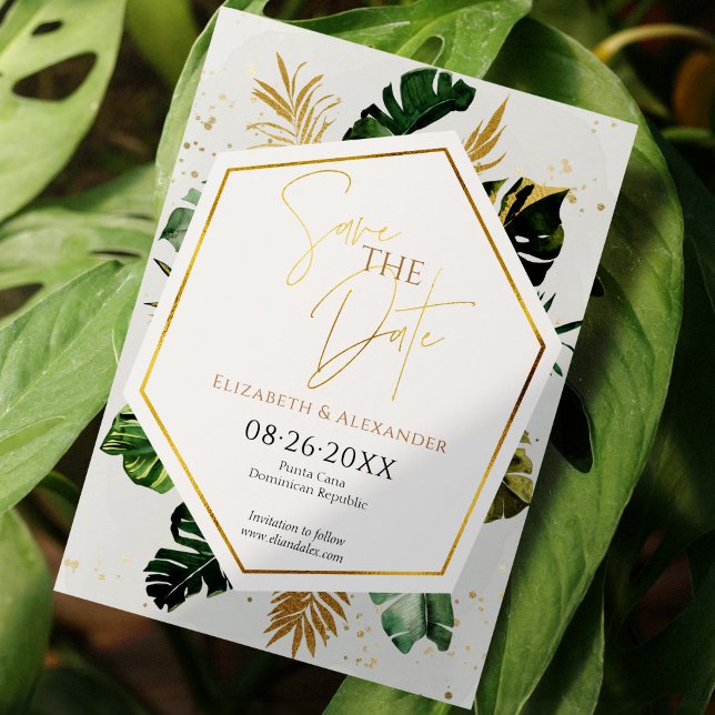 Convite Árvores De Palma Tropicais, Script Dourado, Salve  (Criador carregado)