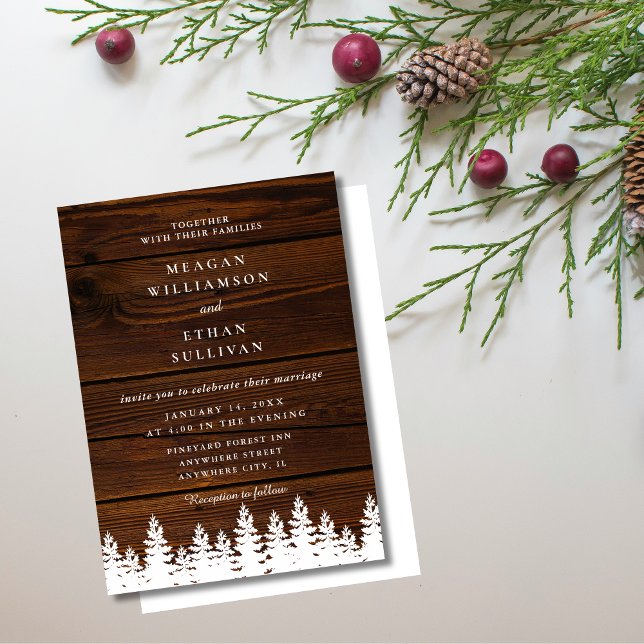 Convite Árvores de Pinheiros de Madeira Rústica Queda Casa (rustic wood pine trees fall autumn winter wedding invitations)