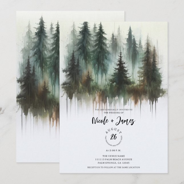 Convite Árvores em Aquarela Casamento Rústico Selvagem (Frente/Verso)
