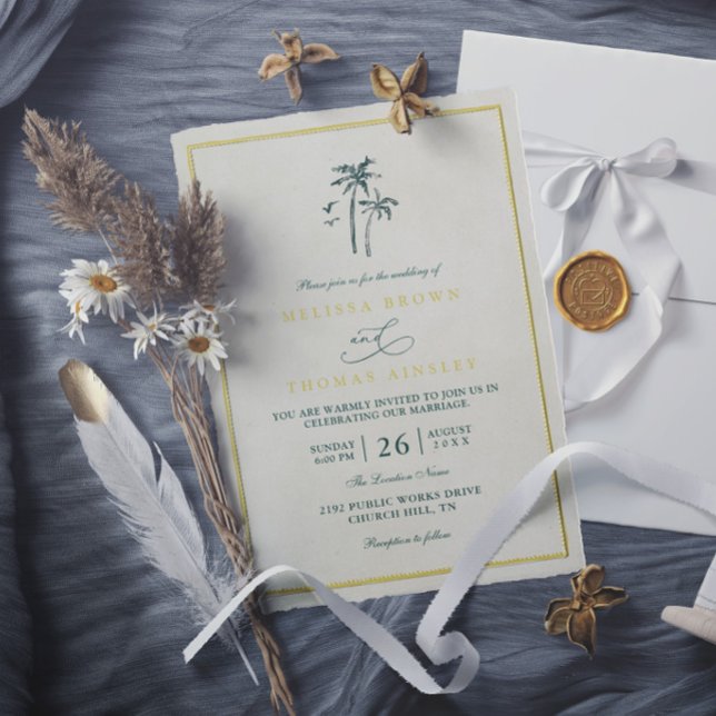 Convite Árvores Palmeira Costa Drift Praia Casamento Elega (Criador carregado)