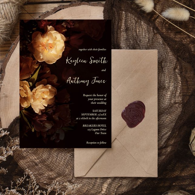 Convite As flores escuras e escuras do casamento. (Moody dark vintage flowers wedding all in one invitation template instant download gothic wedding)