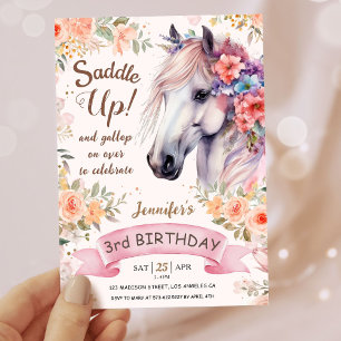 Convite As Garotas aniversário de 3 anos Rosa De Cavalo Vê