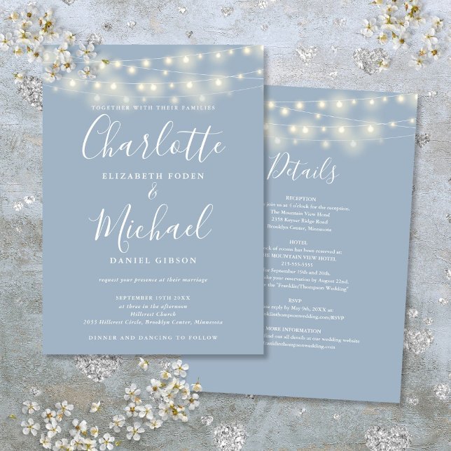 Convite As Luzes De Corda Ficam Azuis Tudo Em Um Casamento (String Lights Dusty Blue All In One Simple Wedding Invitation)