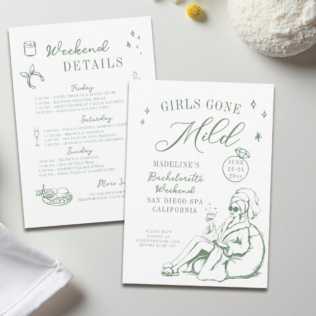 Convite As Meninas Da Bachelorette Saíram De Um Leve Traço (girls gone mild invitation bachelorette weekend itinerary sage green spa hand drawn script doodle)