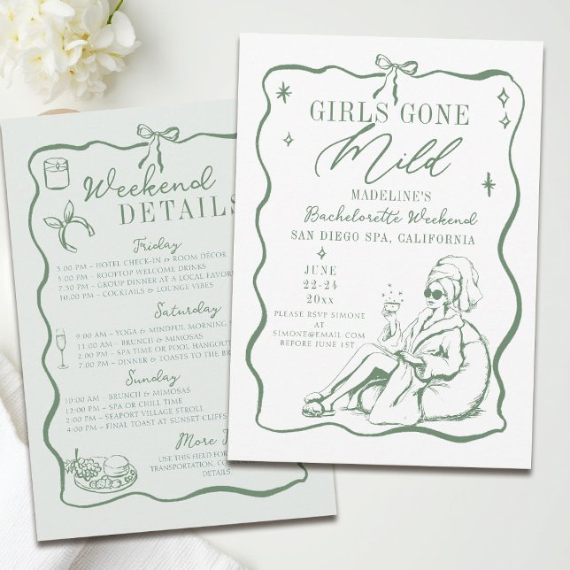 Convite As Meninas da Bachelorette se foram para o Arco De (girls gone mild invitation bachelorette weekend itinerary sage green spa bow frame hand drawn)