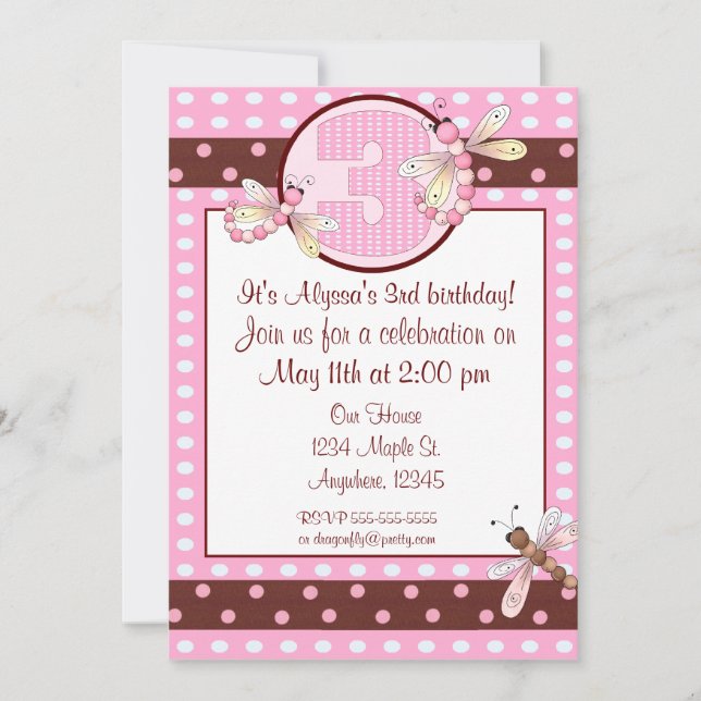Convite As meninas da libélula do ponto do rosa do partido (Frente)