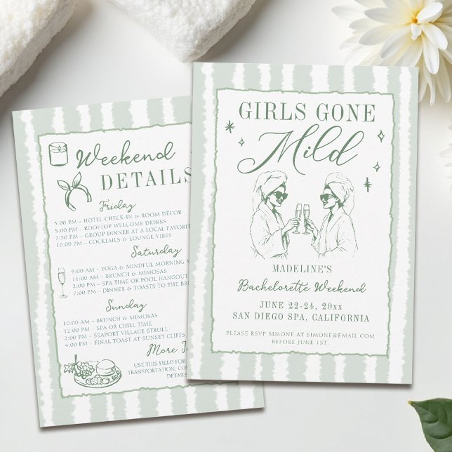 Convite As Meninas De Bachelorette Saíram De Listras Ligei (girls gone mild invitation bachelorette weekend itinerary sage green spa hand drawn stripes)