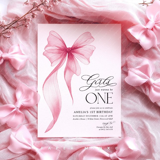Convite As meninas só querem ser UMA Festa de 1º Aniversár (Girl's just wanna be one! Pink Bow 1st birthday party invite)