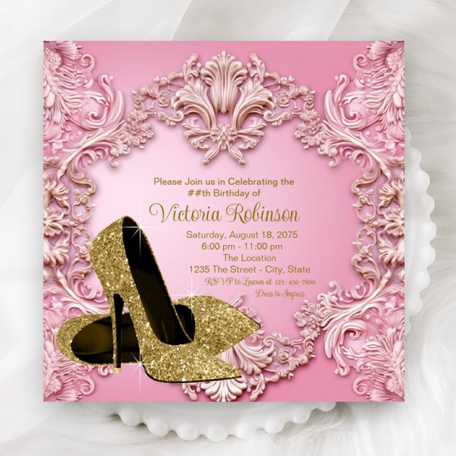 Convite As mulheres embebem a Festa de aniversário Dourada (Elegant pink gold shoe any number birthday and event invitation.)