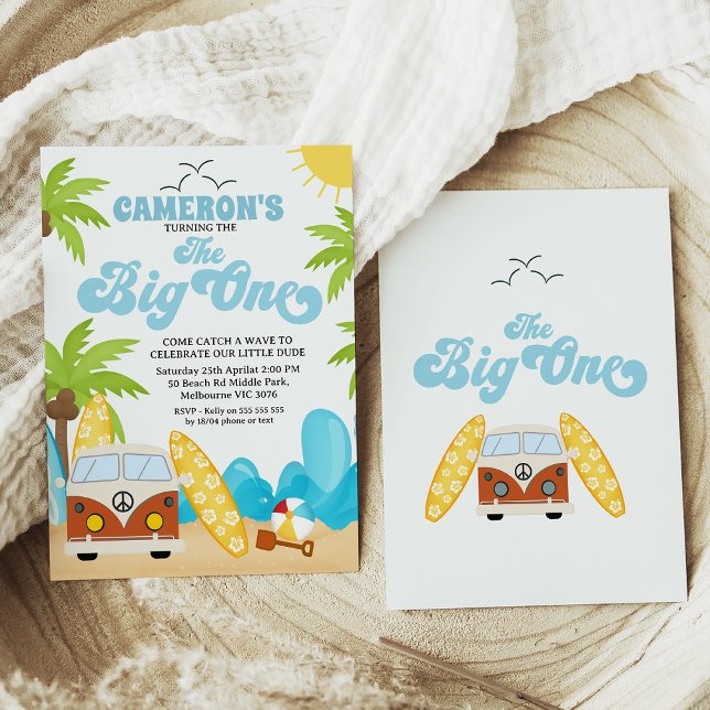 Convite As Surfboards surf Van Acendem Um primeiro anivers (Boy the big one surfing 1st birthday invitation with retro , wave, van and surfboard. Beach party.)