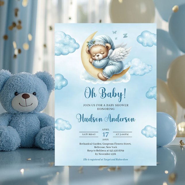 Convite Asas de anjo de ursos de pelúcia dormindo sobre a  (teddy bear sleeping over the moon with wings boy baby shower invitation)