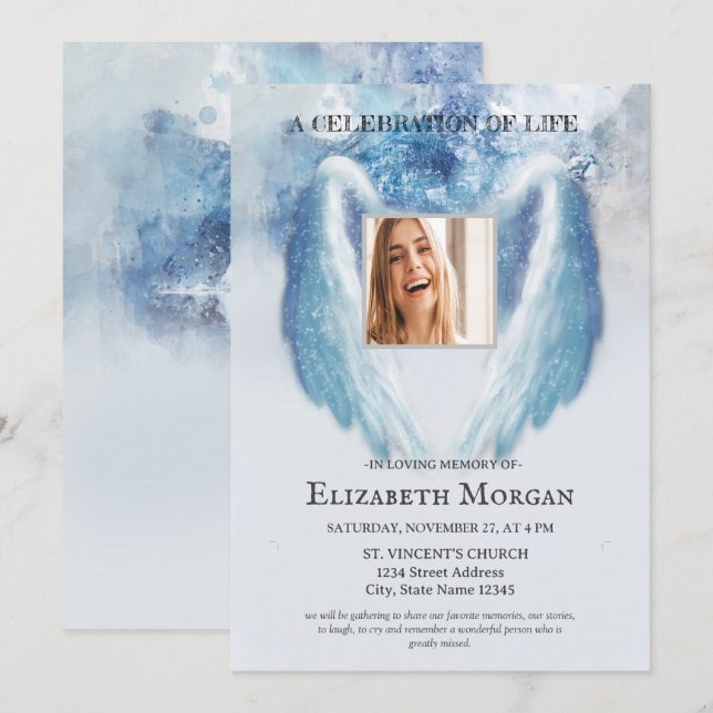 Convite Asas de Anjo Foto Azul Celebração da Vida (Frente/Verso)