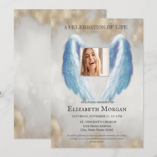 Convite Asas de Anjo Foto Dourada Celebração da Vida (Frente/Verso)