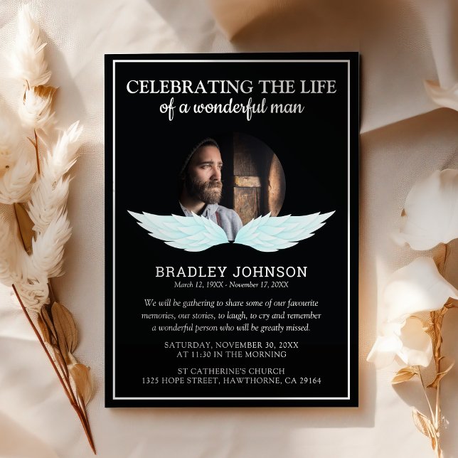 Convite Asas de Anjo Foto Personalizada Funeral (Criador carregado)