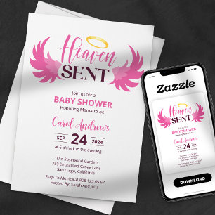 Convite Asas de Anjo Rosa Enviadas do Céu Baby Shower