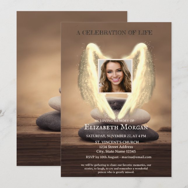 Convite Asas de Anjo Zen Pedras Foto Celebração da Vida (Frente/Verso)