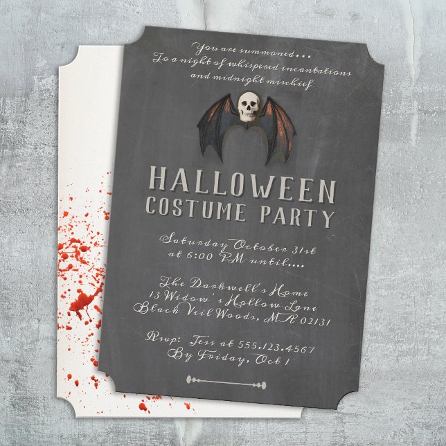 Convite Asas de Morcego Vampiro Assustadoras Crânio Festa  (vintage scary skull with bat weeks halloween invitation )