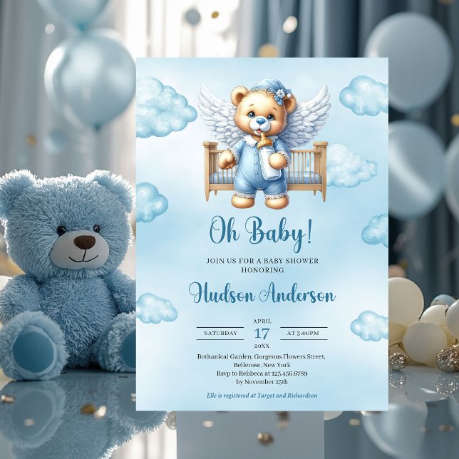 Convite Asas de ursos de pelúcia com berço de bebê (teddy bear angel in  baby crib - boy baby shower invitation)