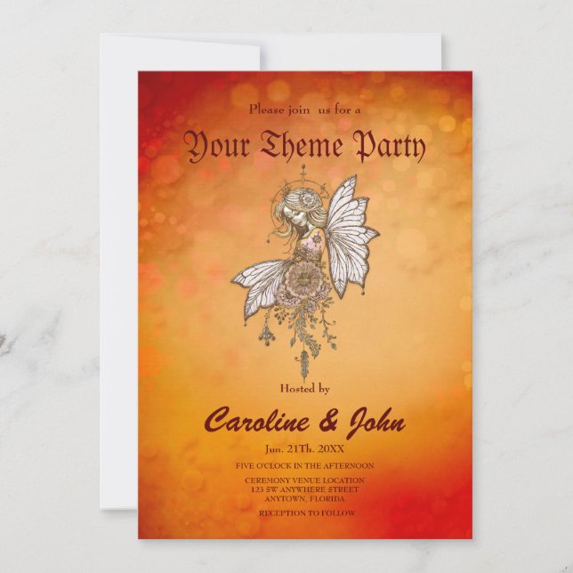 Convite Asas ouros e sonhos florescentes, a fada mágica (Frente)