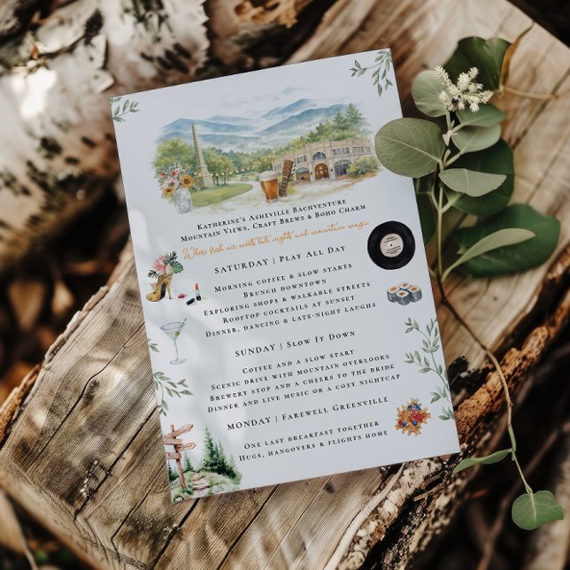 Convite Asheville NC Bachelorette Weekend Itinerary (Criador carregado)