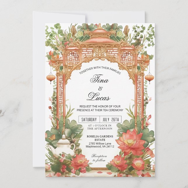 Convite Asian Lotus Tea Ceremony Wedding Invitation (Frente)